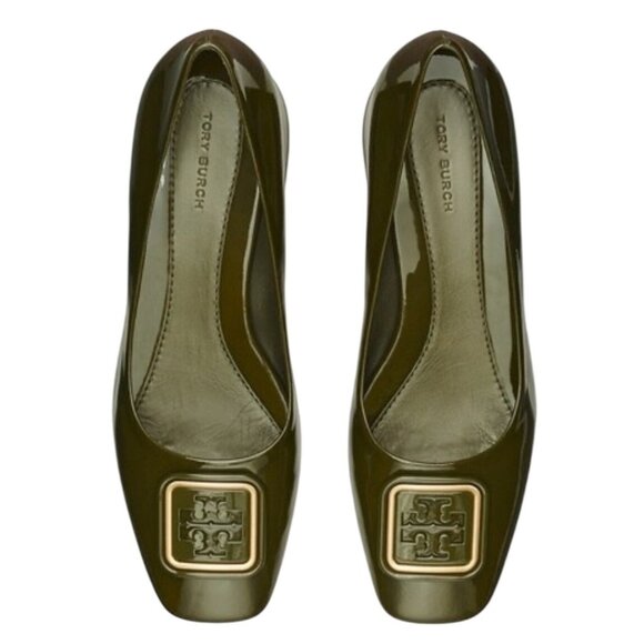 Tory Burch Georgia Pumps Olive Green Leather Block Heel Shoes Size 8 - Picture 1 of 8